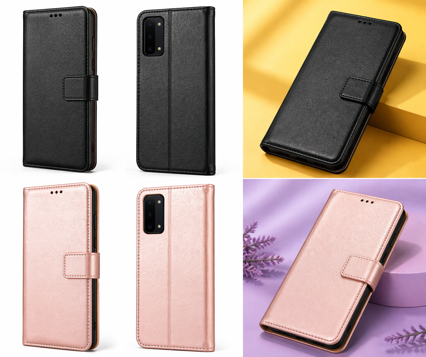 Oppo A94 Book Case Flip Cover – Black / Rose Gold Wallet Case